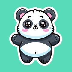 Sticker of cute Panda, tiny small wild animal, Isolated on colored background, flat vector illustration 