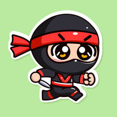 Sticker of cute Ninja running, tiny man with traditional ninja suit, attacks with katana, Isolated on colored background, flat vector illustration  © Flat