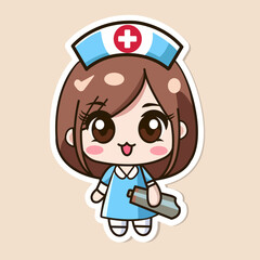 Sticker of cute nurse, tiny small girl, Isolated on colored background, flat vector illustration 