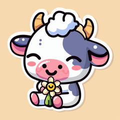 Sticker of cute Cow, tiny small wild animal hugging a flower, Isolated on colored background, flat vector illustration 