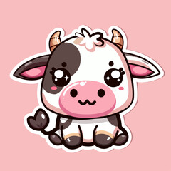 Sticker of cute Cow, tiny small wild animal, Isolated on colored background, flat vector illustration 