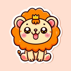 Sticker of cute Lion wearing Golden crown, tiny small wild animal, Isolated on colored background, flat vector illustration 