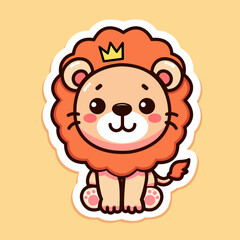 Sticker of cute Lion wearing Golden crown, tiny small wild animal, Isolated on colored background, flat vector illustration 