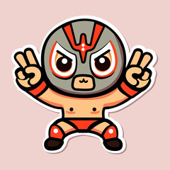 Sticker of cute Mexican Wrestler, tiny small Mask battle acrobat fighter Lucha Libre, Isolated on colored background, flat vector illustration 