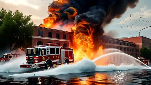 fire trucks spray water on a huge building engulfed in flames. Seamless looping 4k time-lapse video animation background