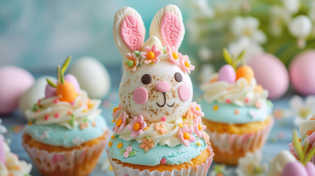 Bunny Cupcakes with pink frosting, Easter bunny cake, decorative cake with eggs & rabbit Easter poster and banner template background Greetings for Easter 