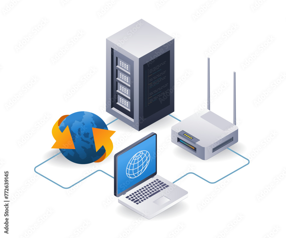 Poster Internet network router computer server concept, flat isometric 3d illustration