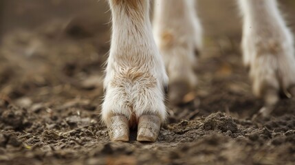Exquisite macro shot capturing the intricate details of a young goat's dainty hoof as it gently explores its surroundings, embodying the innate curiosity of youth. - obrazy, fototapety, plakaty