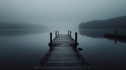 A wooden bridge in the fog. A beautiful mystical photo