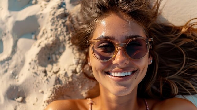 A relaxed portrait of a beautiful smiling brunette young natural woman wearing sunglasses, lounging on a sandy beach, radiating a carefree vibe ai generated high quality image