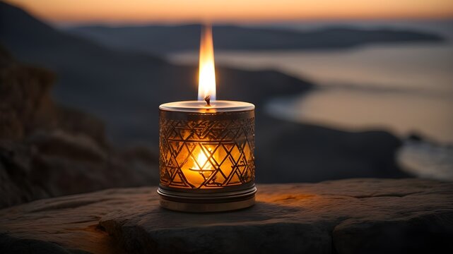 "A burning candle with a Star of David engraved on it stands tall atop a rugged rock. The candle emits a warm, flickering glow, casting intricate shadows on the uneven surface of the rock. The environ
