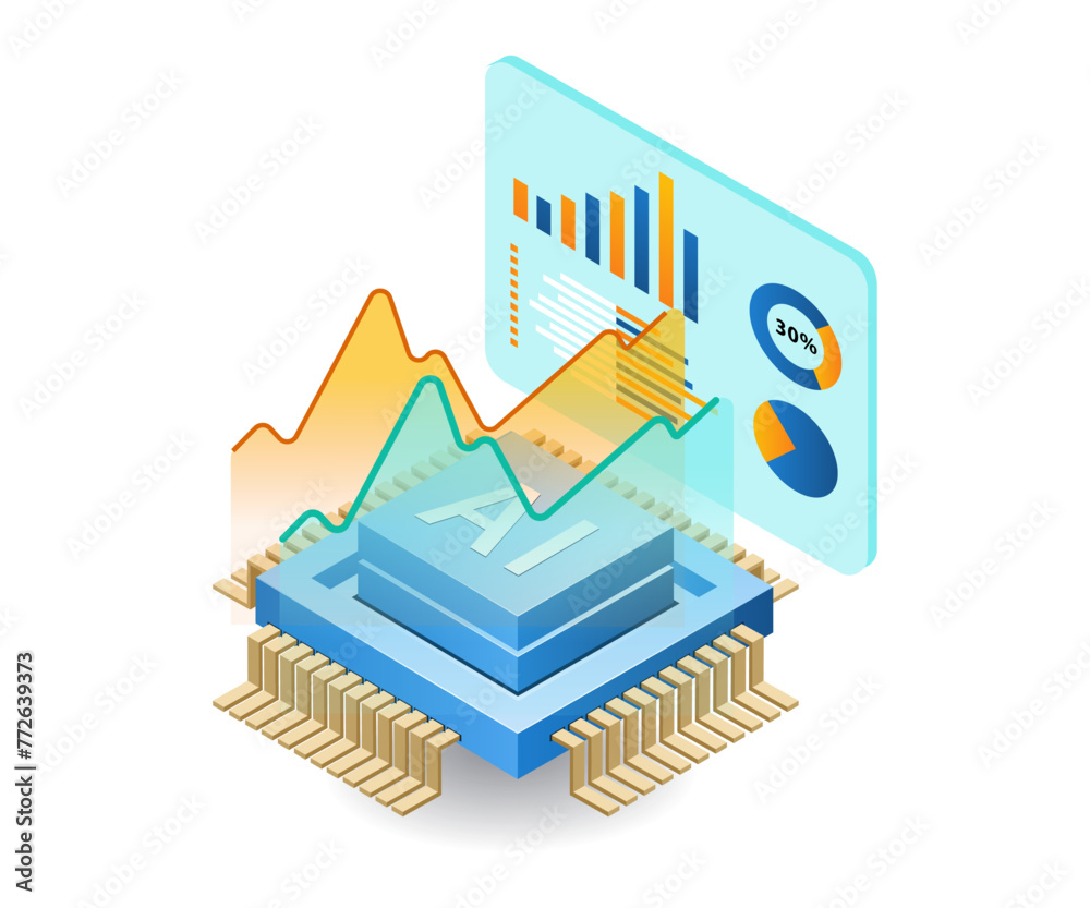 Aufkleber management of business data analysis with artificial intelligence, flat isometric 3d illustration
