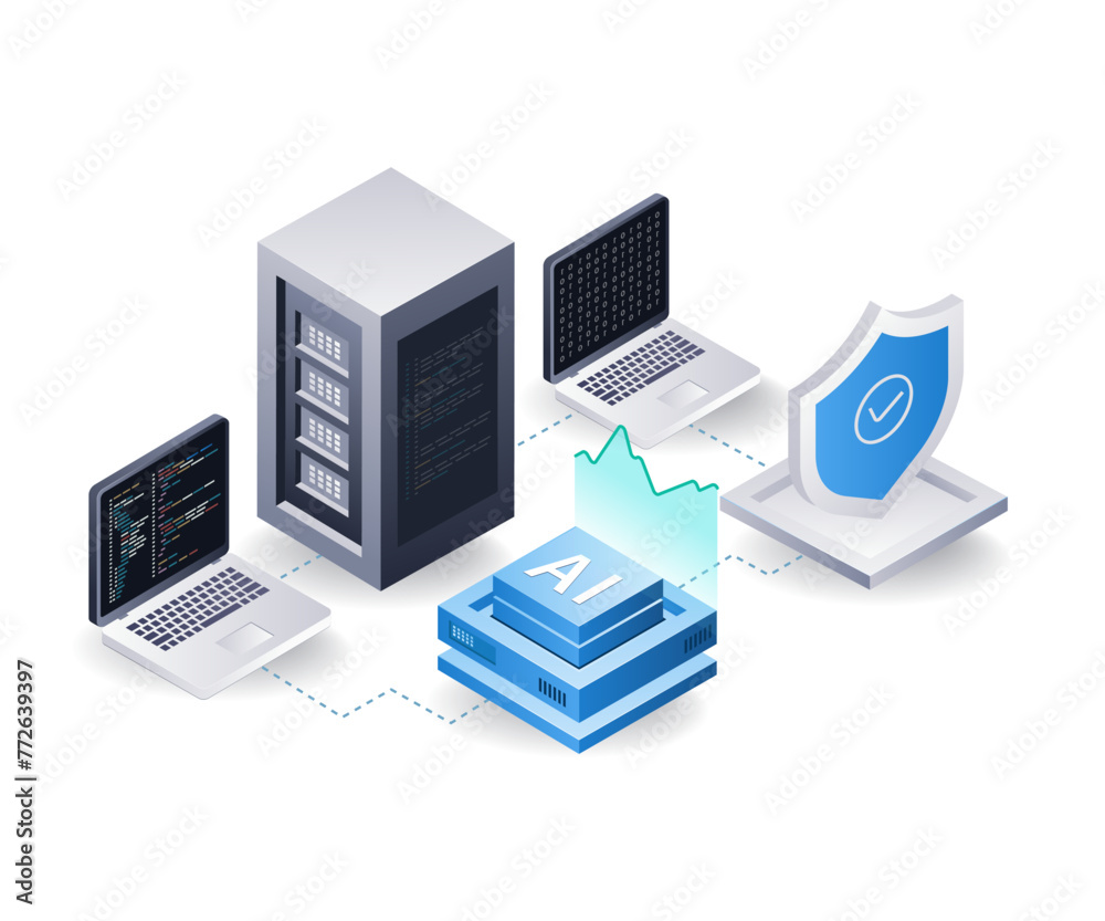 Poster management of artificial intelligence server data analysis, flat isometric 3d illustration
