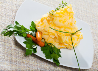 Clapshot - dish of Scottish cuisine. Mashed potatoes with butter and turnips, served hot