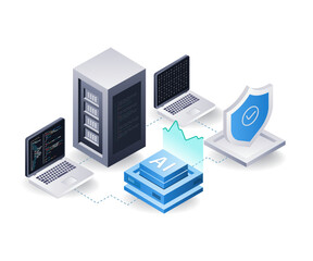 Management of artificial intelligence server data analysis, flat isometric 3d illustration