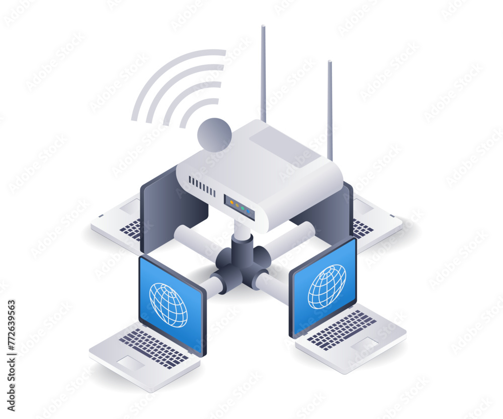 Aufkleber Internet router usage network concept, flat isometric 3d illustration