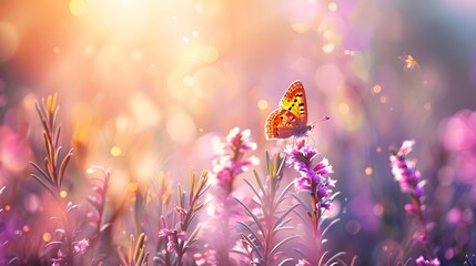 Surprisingly beautiful colorful floral background. Heather flowers and butterfly in rays of summer sunlight in spring outdoors on nature macro, soft focus. Atmospheric photo, gentle artistic image. - obrazy, fototapety, plakaty