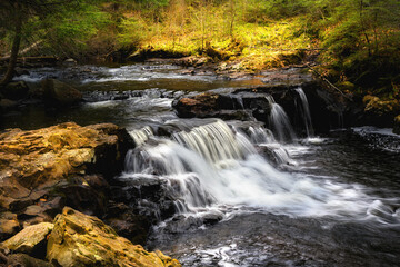 Fototapeta na wymiar Spring at Ricketts Glen State Park in Benton PA. Known for its 21 waterfalls and old-growth forest and boulders. Hiking the loop on a cold Spring Day. 
