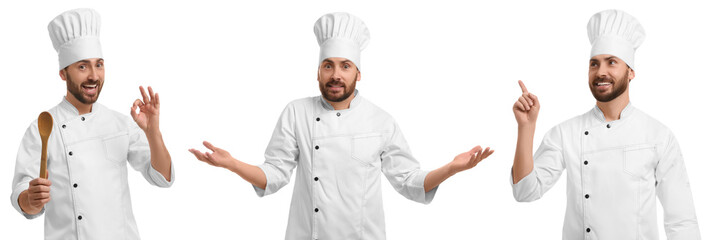 Chef in uniform on white background, set with photos