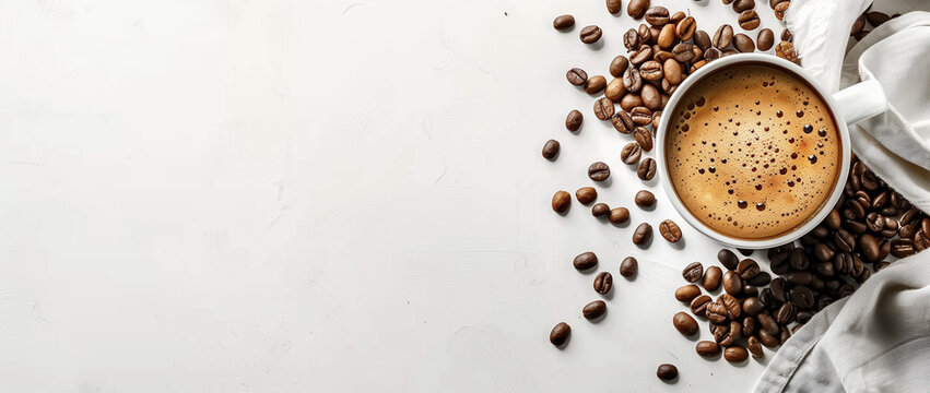 Freshly brewed coffee in ceramic mug with scattered beans on white background with copy space