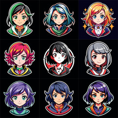 Girl portraits cartoon  set. Avatar collection. Colorful funny young beautiful women. Art illustration set. Girl cute anime face. Anime japanese cosplay. Icon set vector illustration.

