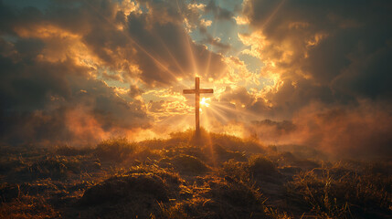 The cross standing on meadow sunset and flare background. Cross on a hill as the morning sun comes up for the day. The cross symbol for Jesus Christ. Easter background concept   Generative AI
