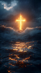 The cross standing on sea and flare background. Cross on a sea as the morning sun comes up for the day. The cross symbol for Jesus Christ. Easter background concept and The crosses sign. Generative AI