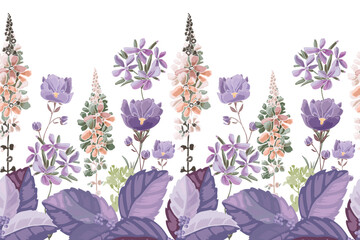 Vector floral seamless pattern, border. Lilac, violet, peach color flowers