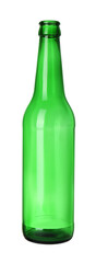 One empty green beer bottle isolated on white