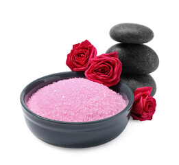 Obraz na płótnie Canvas Pink sea salt in bowl, roses and spa stones isolated on white
