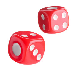 Red dice in air on white background
