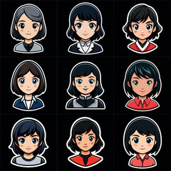 Girl portraits cartoon  set. Avatar collection. Colorful funny young beautiful women. Art illustration set. Girl cute anime face. Anime japanese cosplay. Icon set vector illustration.
