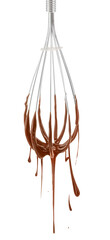 Whisk with chocolate cream on white background