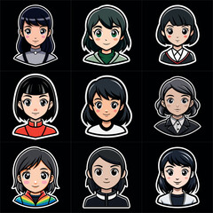 Girl portraits cartoon  set. Avatar collection. Colorful funny young beautiful women. Art illustration set. Girl cute anime face. Anime japanese cosplay. Icon set vector illustration.
