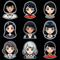 Girl portraits cartoon  set. Avatar collection. Colorful funny young beautiful women. Art illustration set. Girl cute anime face. Anime japanese cosplay. Icon set vector illustration.
