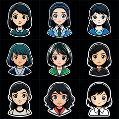 Girl portraits cartoon  set. Avatar collection. Colorful funny young beautiful women. Art illustration set. Girl cute anime face. Anime japanese cosplay. Icon set vector illustration.
