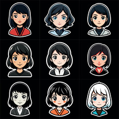 Girl portraits cartoon  set. Avatar collection. Colorful funny young beautiful women. Art illustration set. Girl cute anime face. Anime japanese cosplay. Icon set vector illustration.
