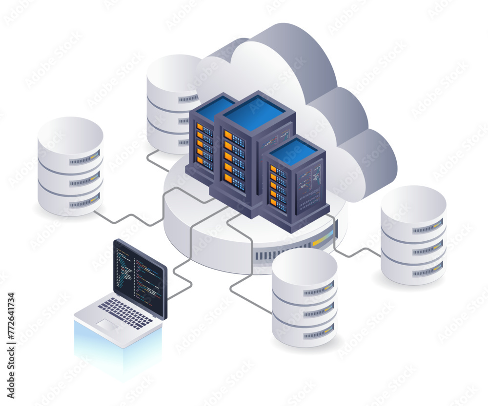 Poster Database network cloud server programmer management, flat isometric 3d illustration