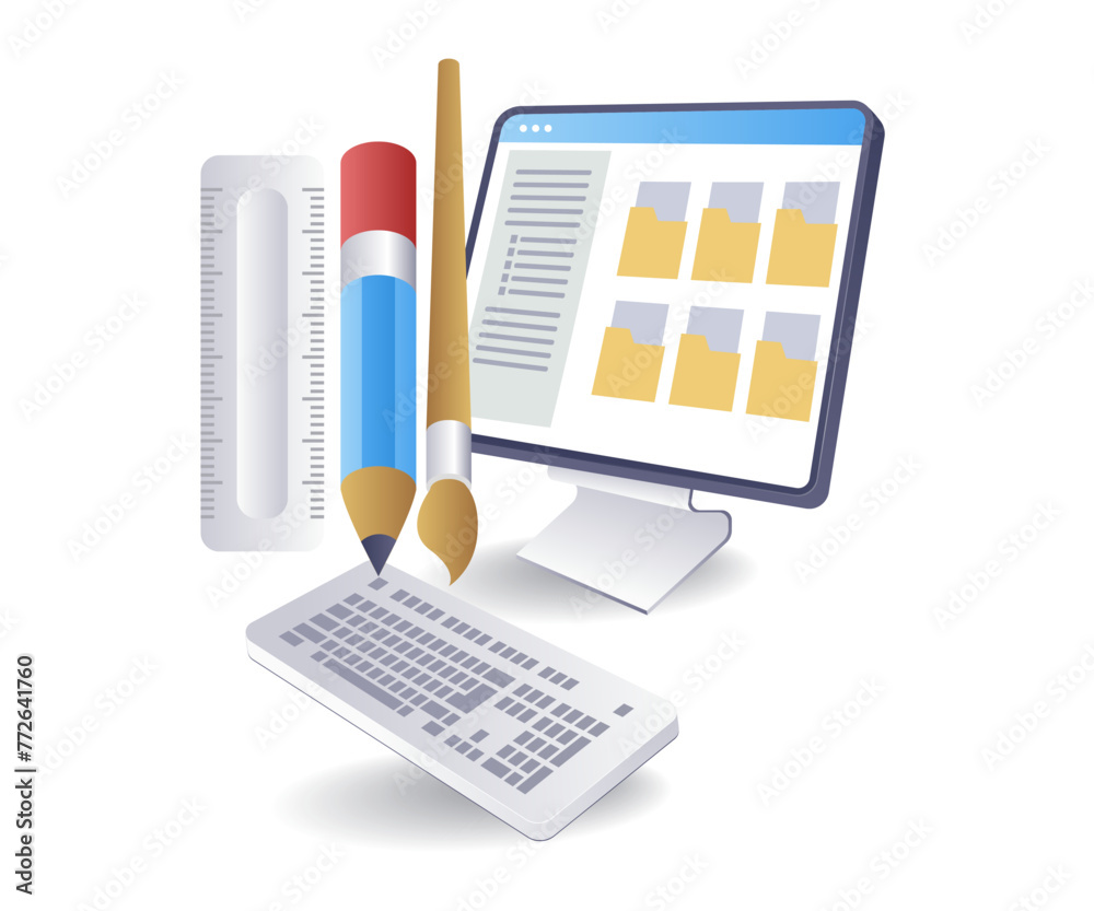 Aufkleber data folder for digital creative concept work, flat isometric 3d illustration