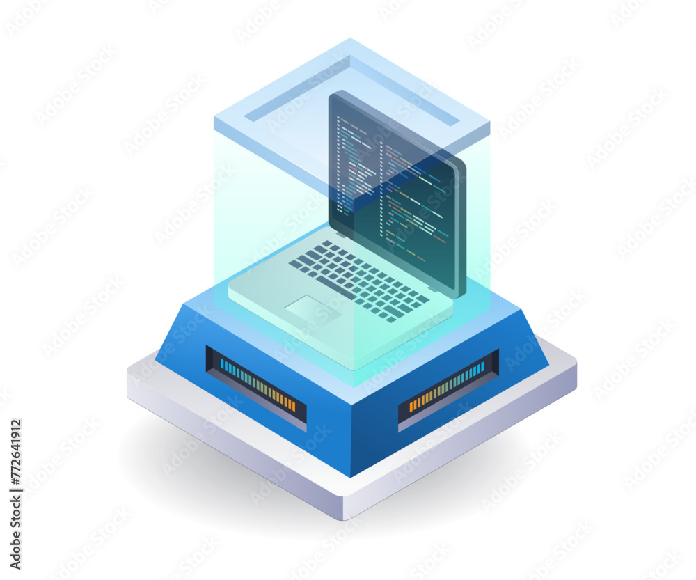 Fototapete developer application computer programmer room, flat isometric 3d illustration