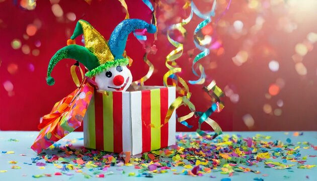 BRINQUEDO DE BOBO DA CORTE COM MOLAS SALTANDO DE CAIXA-SUPRESA EM UM CONCEITO DE PEGADINHA DE 1&ordm; DE ABRIL, DIA DA MENTIRA