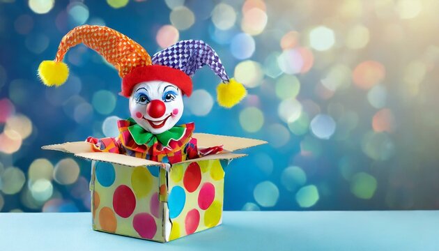 BRINQUEDO DE BOBO DA CORTE COM MOLAS SALTANDO DE CAIXA-SUPRESA EM UM CONCEITO DE PEGADINHA DE 1&ordm; DE ABRIL, DIA DA MENTIRA