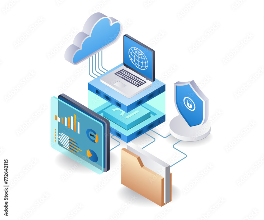 Leinwandbilder Computer data security cloud server artificial intelligence concept, flat isometric 3d illustration