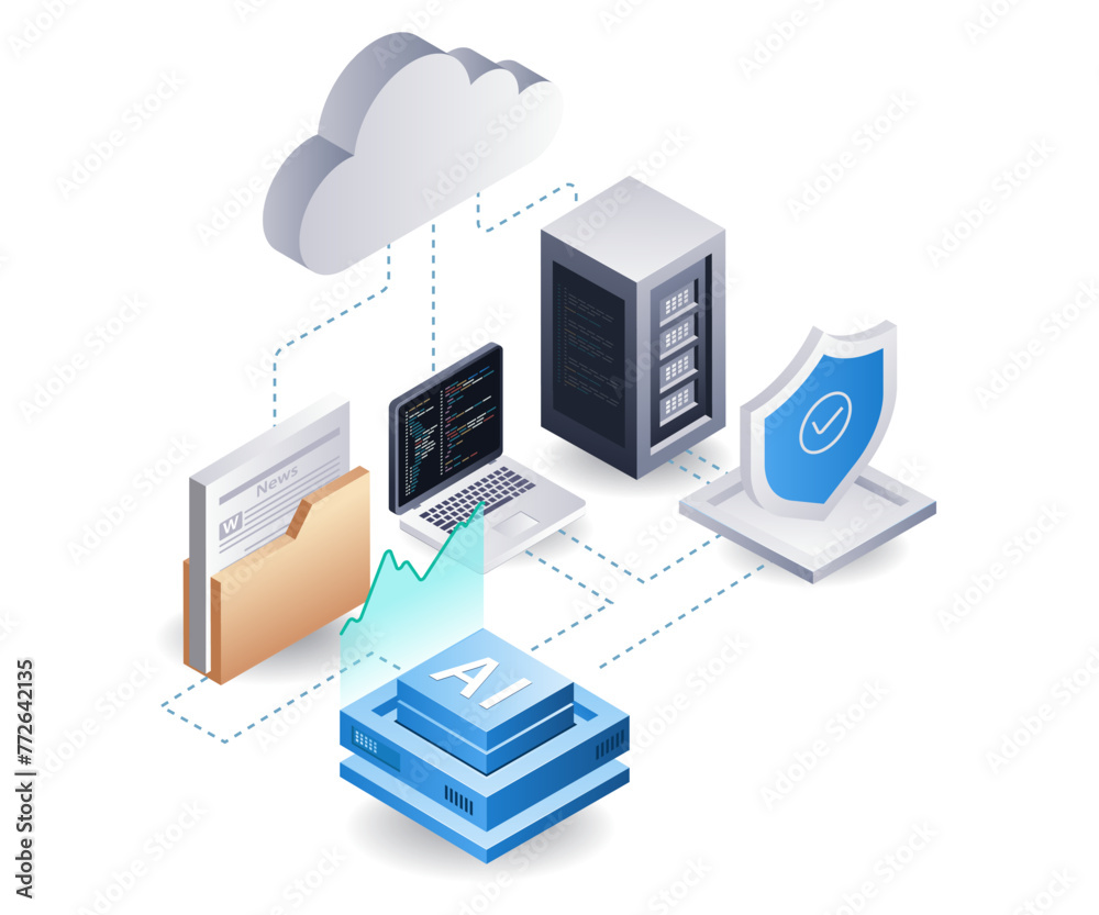 Poster cloud server analyst web developer, flat isometric 3d illustration