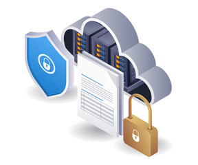 Cloud server data security lock, flat isometric 3d illustration