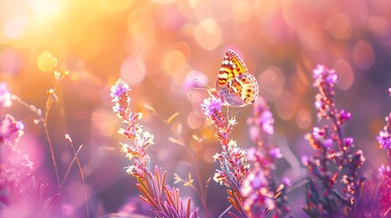 Surprisingly beautiful colorful floral background. Heather flowers and butterfly in rays of summer sunlight in spring outdoors on nature macro, soft focus. Atmospheric photo, gentle artistic image. - obrazy, fototapety, plakaty