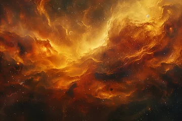 Fotobehang Orange nebula wallpaper, cosmic mystery in fiery hues. Distant stars, vast space © Dinusha