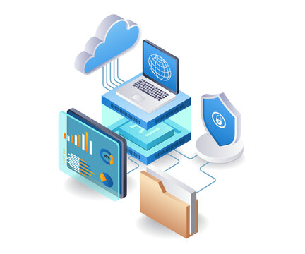 Computer data security cloud server artificial intelligence concept, flat isometric 3d illustration