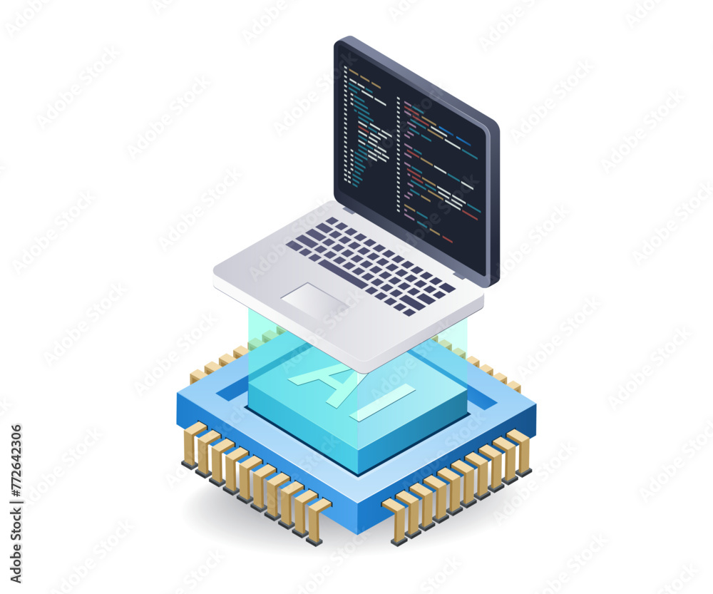 Aufkleber Computer programming with artificial intelligence concept, flat isometric 3d illustration