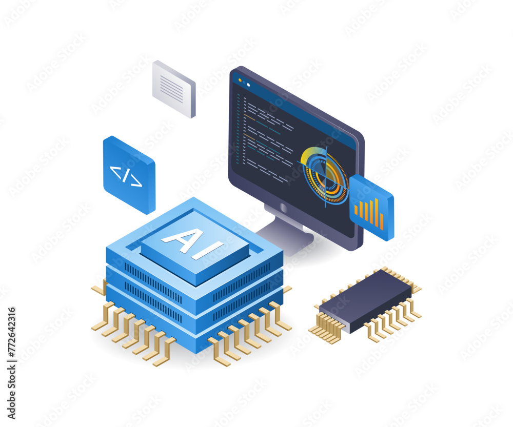 Poster Computer programmer with artificial intelligence product, flat isometric 3d illustration